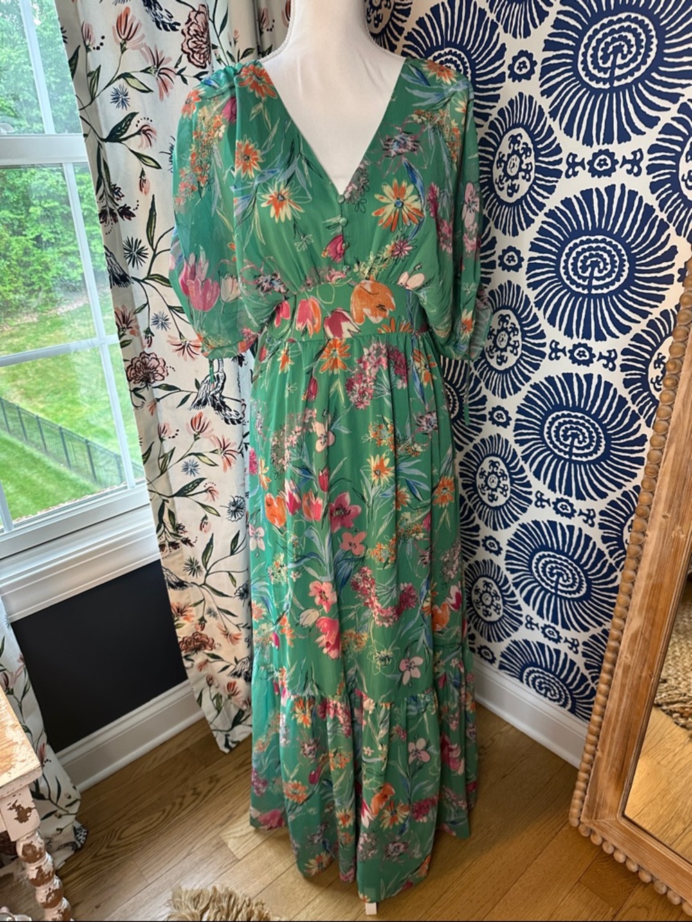 Fate Green Floral V-Neck Puff Sleeve Maxi Dress